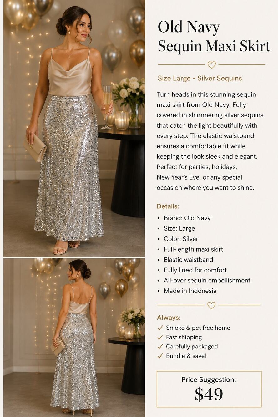 Old Navy Size L Champagne Silver Sequin Maxi Skirt Fully Lined Party Holiday